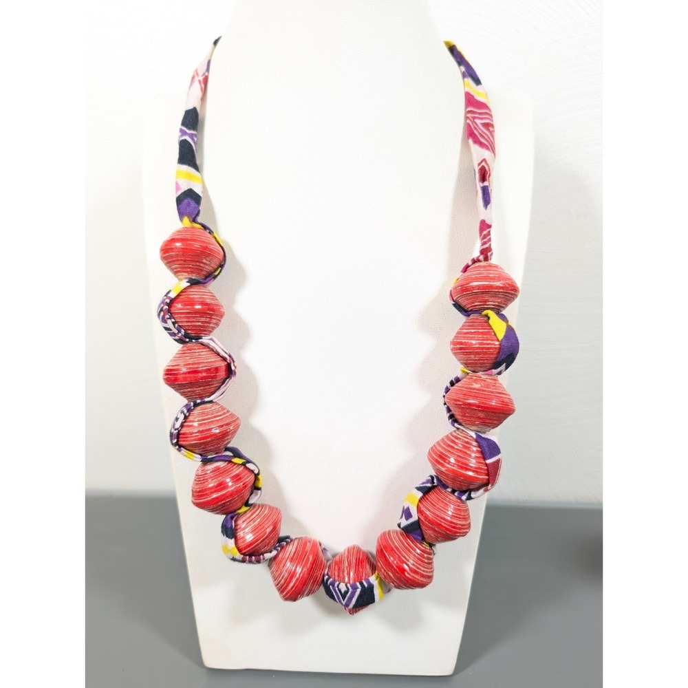 Tribal Red Wrapped Bead‎ Purple Yellow Woven Cord Tie Back Statement Neclace 34"